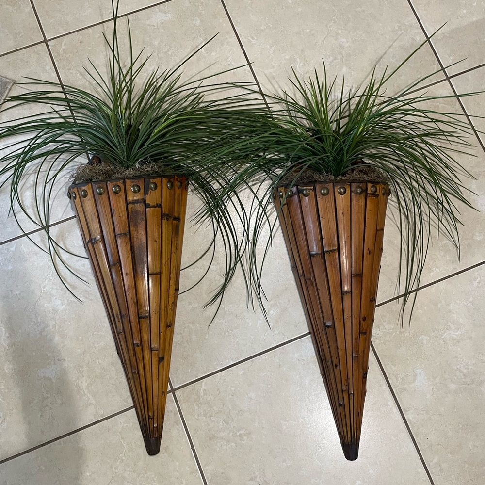 Pair of Brown Bamboo Wall Cone Planters - Natural Accent